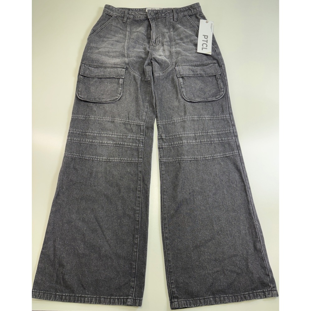 PTCL Size 30 Black Washed Denim Cargo Wide Leg Jeans Utility Y2K NWT
